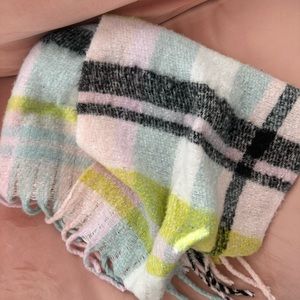 Anthropologie Delaney Cozy Plaid Fringe Trim Blanket Scarf Pastel